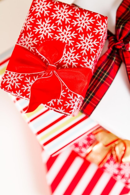 Christmas presents wrapped in colorful paper.