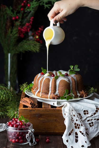 Christmas pumpkin cake with cranberry on a white plate