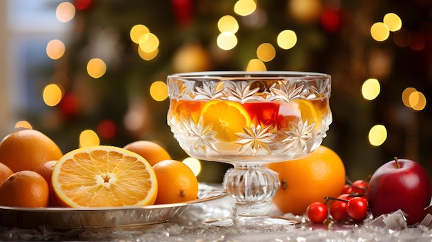 Christmas punch a traditional fruity alcohol drink in a crystal bowl with slices of oranges