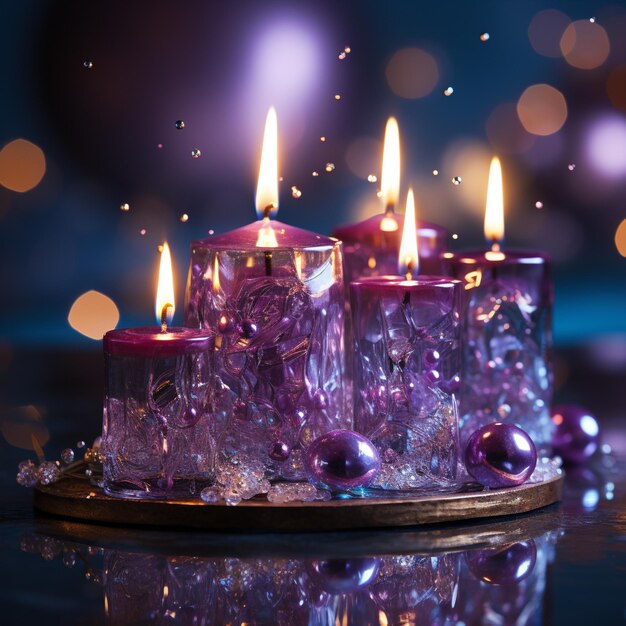 Рождественские фиолетовые свечи с мягкими размытыми огнями и мерцающими на пламени фото высокого качества