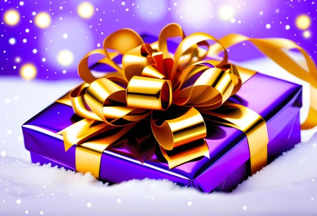 christmas purple shiny gift with a gold bow on a snowy background