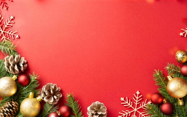 Christmas red background with fir and decor