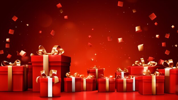 Christmas Red Background with Many Gift Boxes Realistic