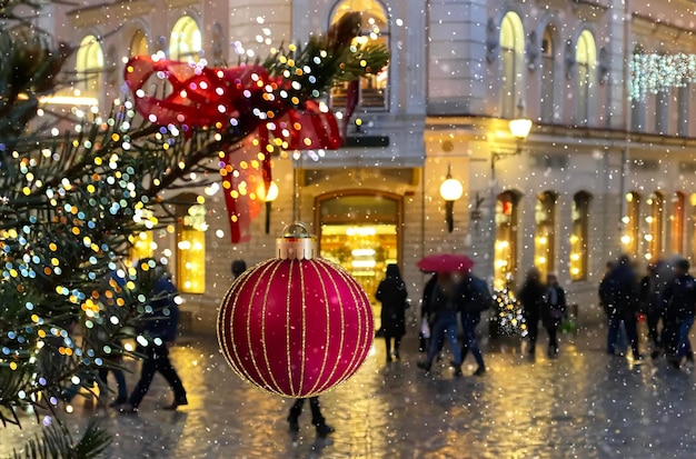 christmas red ball  festive holiday street decoration green tree branch people walk with umbrella