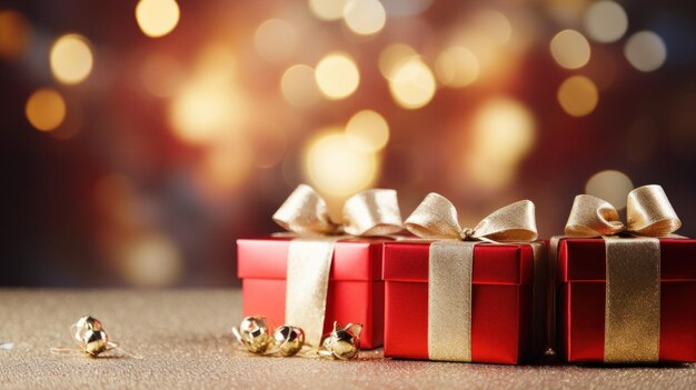 Photo christmas red gift boxes with gold bow on defocused holiday background with copy space