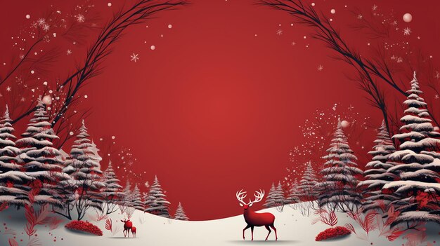 Christmas red horizontal banner with the image of a winter snowcovered forest and a deer