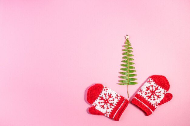 Christmas Red Knitted Mittens with Snowflake Motives,