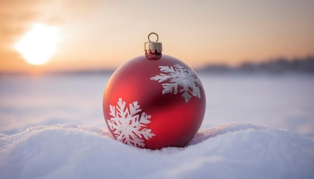 Рождественский красный роскошный мяч в снегу и абстрактной снежной атмосфере