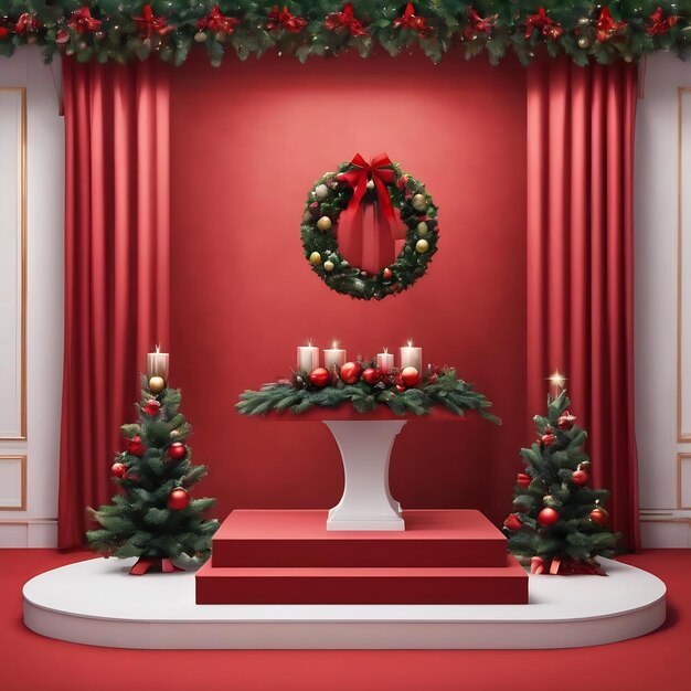 Photo christmas red scene background backdrop podium stand product shelf standing backdrop pedestal disp