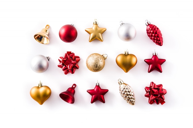 Christmas red, silver and golden decorations isolated on white