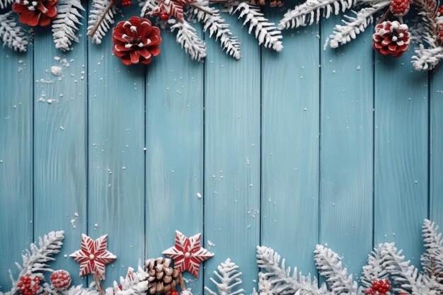 Christmas red snowflakes and pinecones on the blue wood