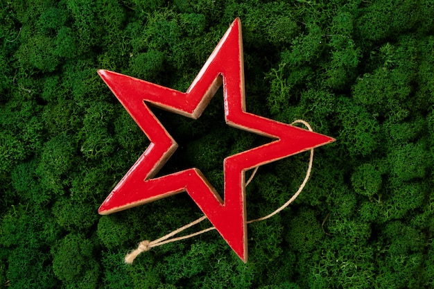 Christmas red star on dark green moss background