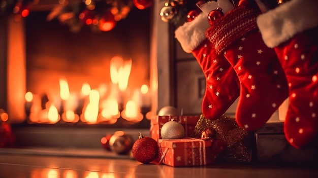 Christmas red stocking by the fireplace 1