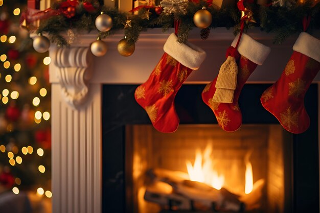 暖炉のそばのクリスマスの赤いストッキング