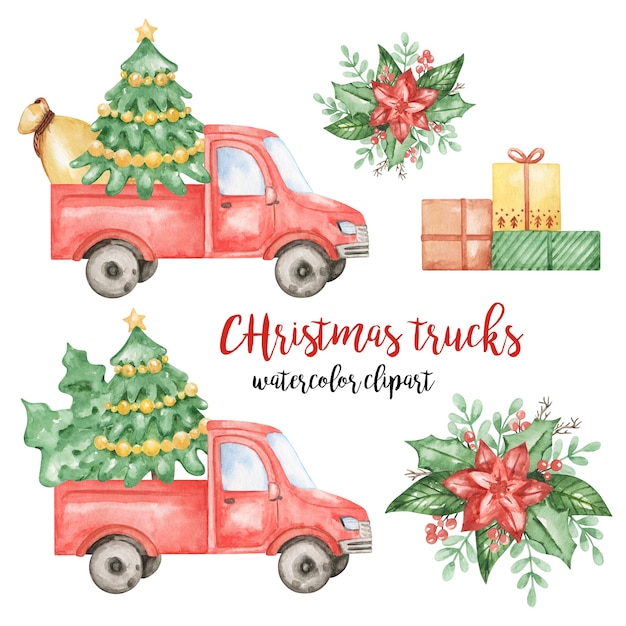 Christmas red trucks clipart, presents, poinsettia illustration, New Year set, red car clipart