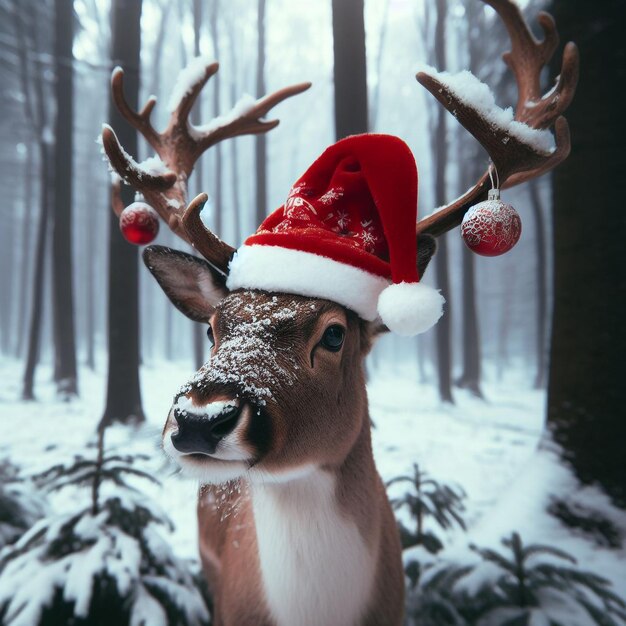 写真 サンタの帽子をかぶったクリスマス・レインダー