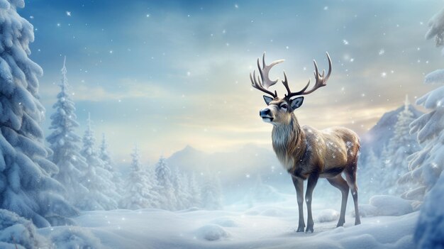 Christmas reindeer with Christmas tree on the background realistic view