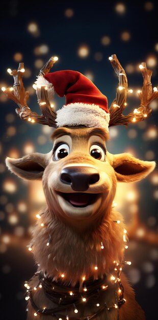 Christmas reindeer with santa hat and garland on dark background