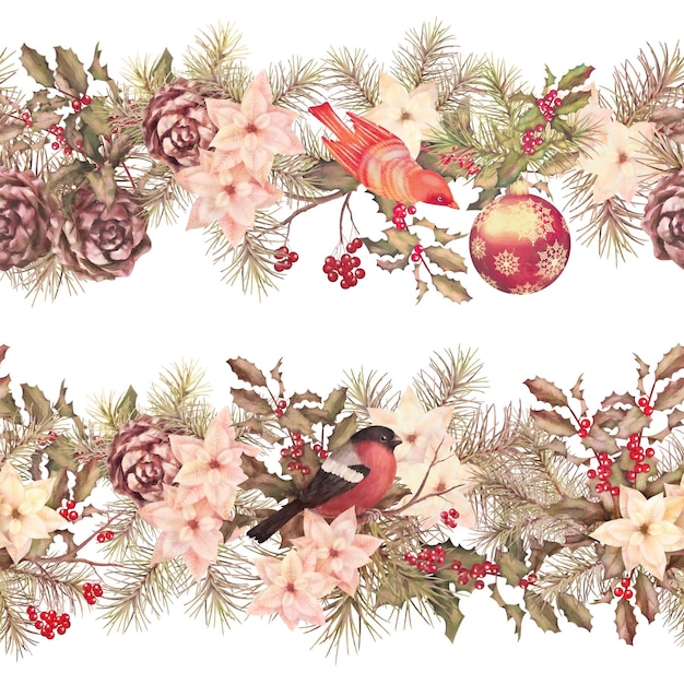 Christmas retro watercolor decorative seamless garland over white background