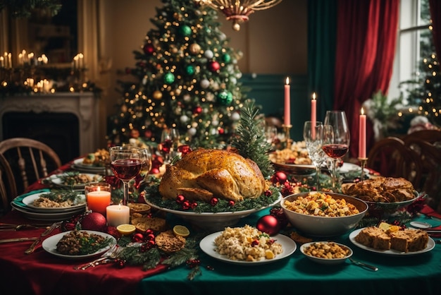 Christmas roasted turkey with cranberries and oranges on rustic wooden table