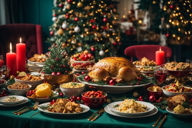 素朴な木のテーブルにクリスマスのロースト七面鳥とクランベリーとオレンジ