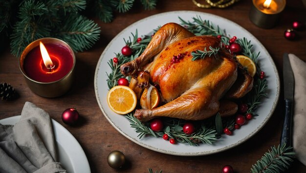 Christmas roasted turkey with cranberries and oranges on rustic wooden table