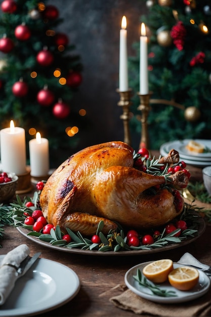 Christmas roasted turkey with cranberries and oranges on rustic wooden table