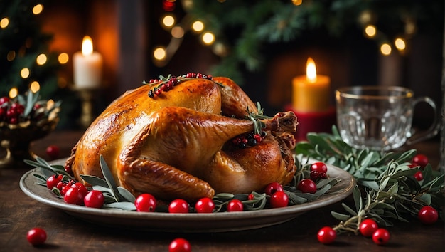 Christmas roasted turkey with cranberries and oranges on rustic wooden table