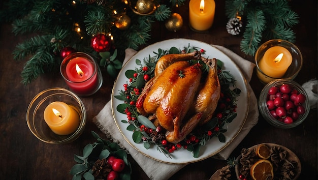 Christmas roasted turkey with cranberries and oranges on rustic wooden table