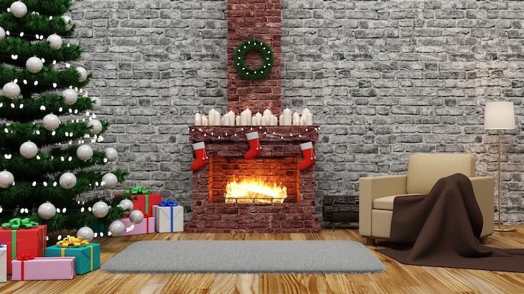 Photo christmas room interior with burning fireplace and different accessories fo new year holidays