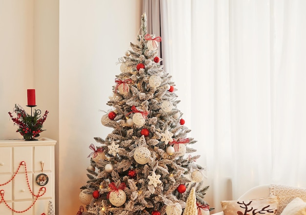 Christmas room. Red and white decor christmas tree background. New Year celebration. Merry Christmas and Happy New Year.