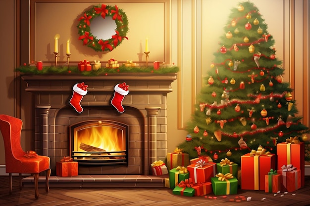 A Christmas Room with Fireplace Warmth Generative Ai