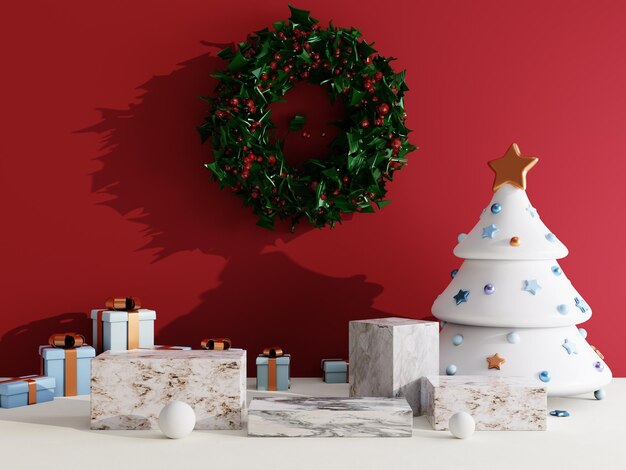 Christmas sale background with christmas tree and stage podium for product display 3d rendering