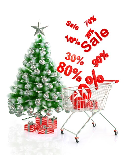 Christmas sale, christmas tree with red gift box and  shopping cart