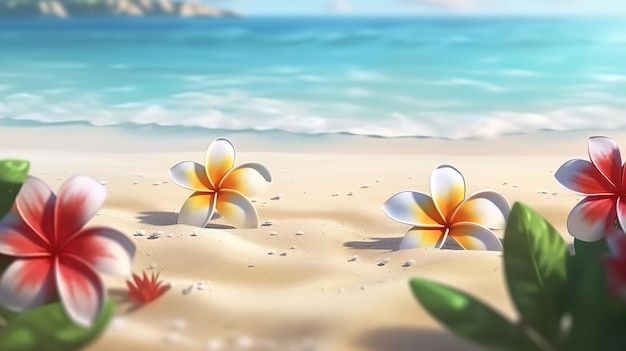 Christmas on a sandy beach plumeria flowers on the beach Generative Ai