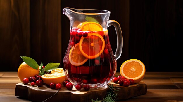 Christmas sangria in a glass jug with orange slices and berries on a wooden table AI generated
