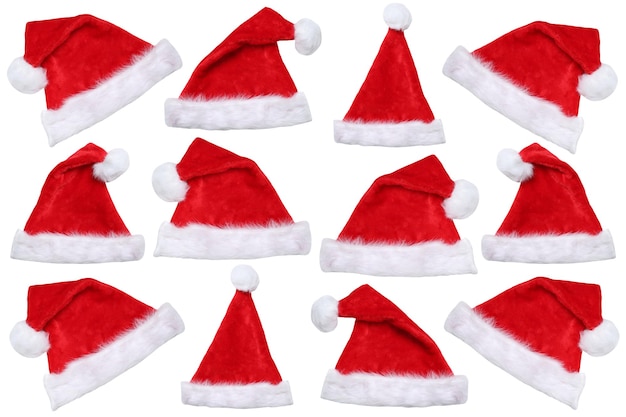 クリスマス・サンタクロースの帽子 一列の冬の帽子 白い背景に隔離された条項