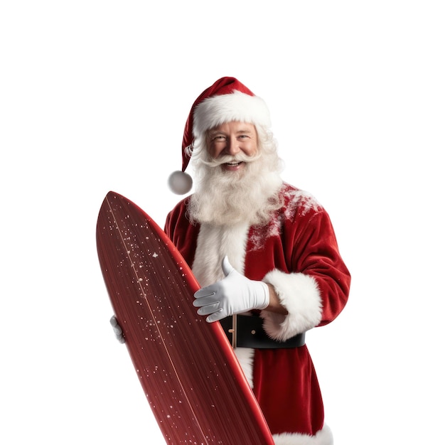 Christmas Santa Claus holding a surf board isolated on white transparent Summer Xmas on beach