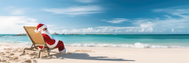 Christmas Santa Claus relaxing on sandy beach Summer Xmas vacations