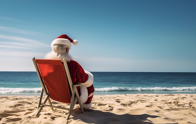 Christmas Santa Claus resting relaxing enjoying ocean at lounge chair sunlounger at sandy beach blue sky and cloud Vacation travel in hot countries New Year holiday concept View from the back