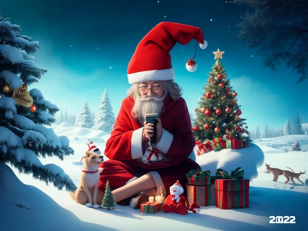 The christmas santa claus with elves drink milk and eat cookies