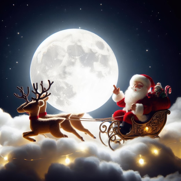 Photo christmas santa claus with reindeer over clouds and a full moon