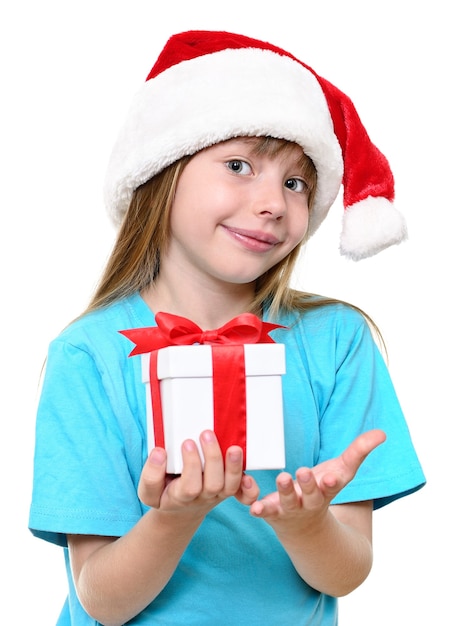 Christmas Santa girl with gift isolated on white background.