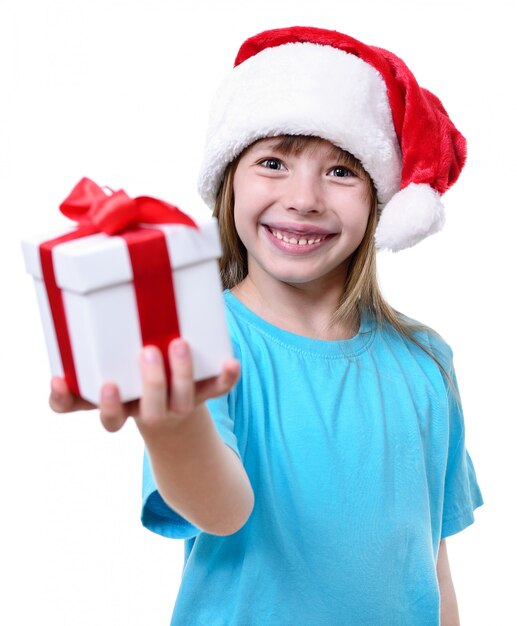 Christmas Santa girl with gift.