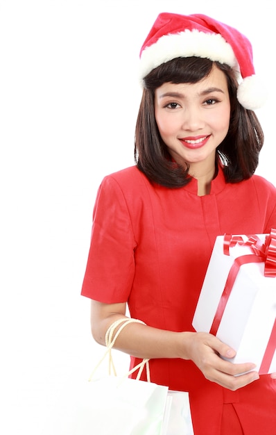 Regalo di natale della stretta del ritratto della donna isolato cappello della santa di natale