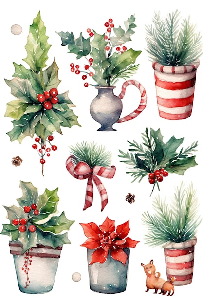 Christmas santa pine tree aquarel clipart geïsoleerd op een witte achtergrond met generatieve AI 1