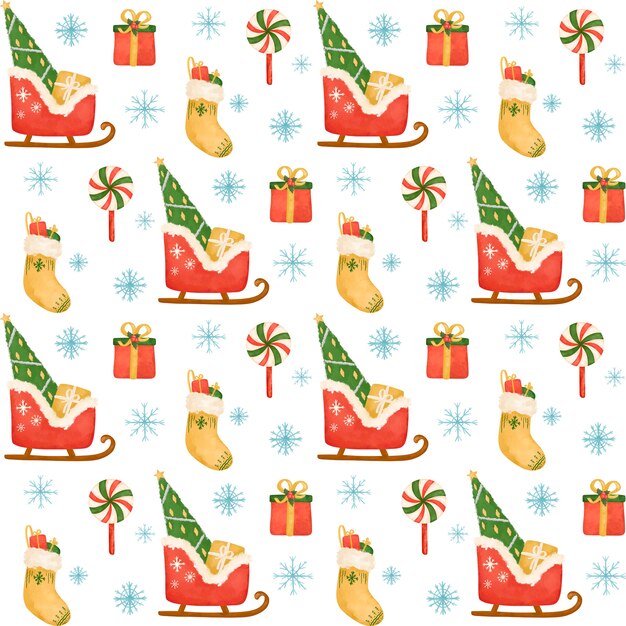 Christmas Santa sleigh, tree, gifts seamless pattern