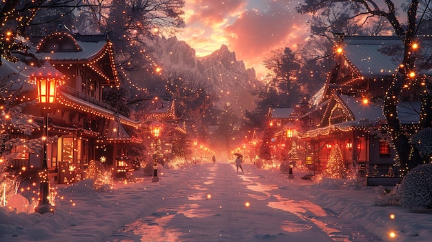 Рождественская сцена в уютном аниме-городе, наполненном теплотой