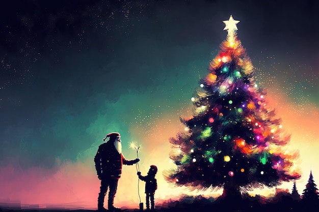 명랑한 청년과 산타클로스가 나무를 세우고 있는 크리스마스 장면
