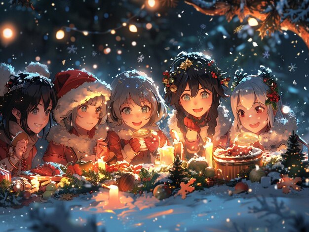 Photo christmas scene illustration with anime characters enjoying a festive celebration under snowfall